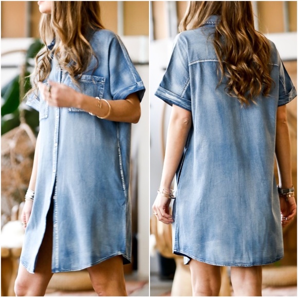 Boho Chambray Denim blue Button up Shirt Dress - Picture 2 of 3